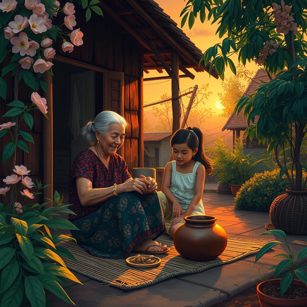 Filipino Village at Dusk in Earthy Tones