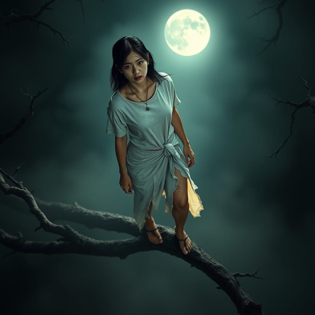 A woman lost in the misty woods