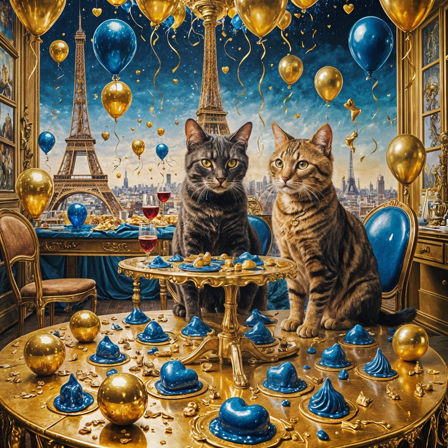 Golden Chaos: Cats in a Luxurious, Melting Scene