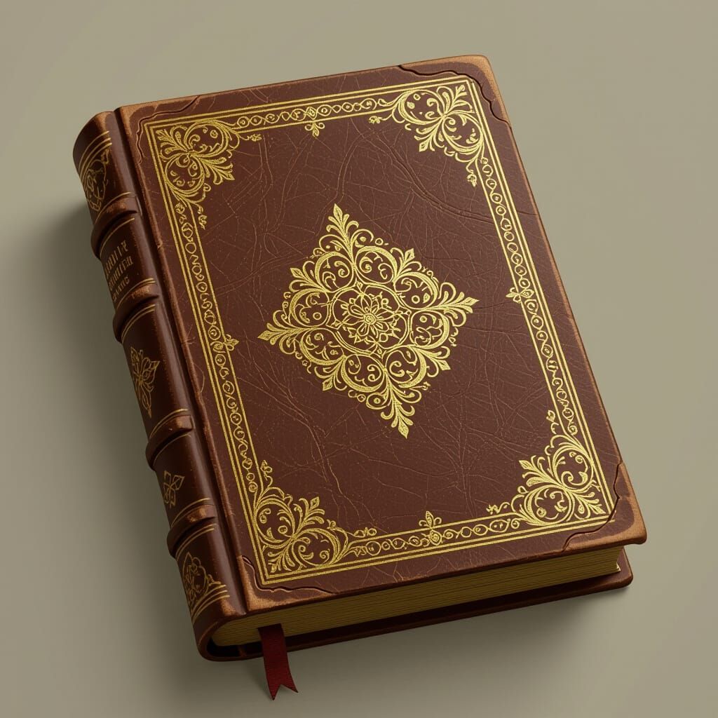 Worn Brown Leather Book Cover with Golden Embroidery
