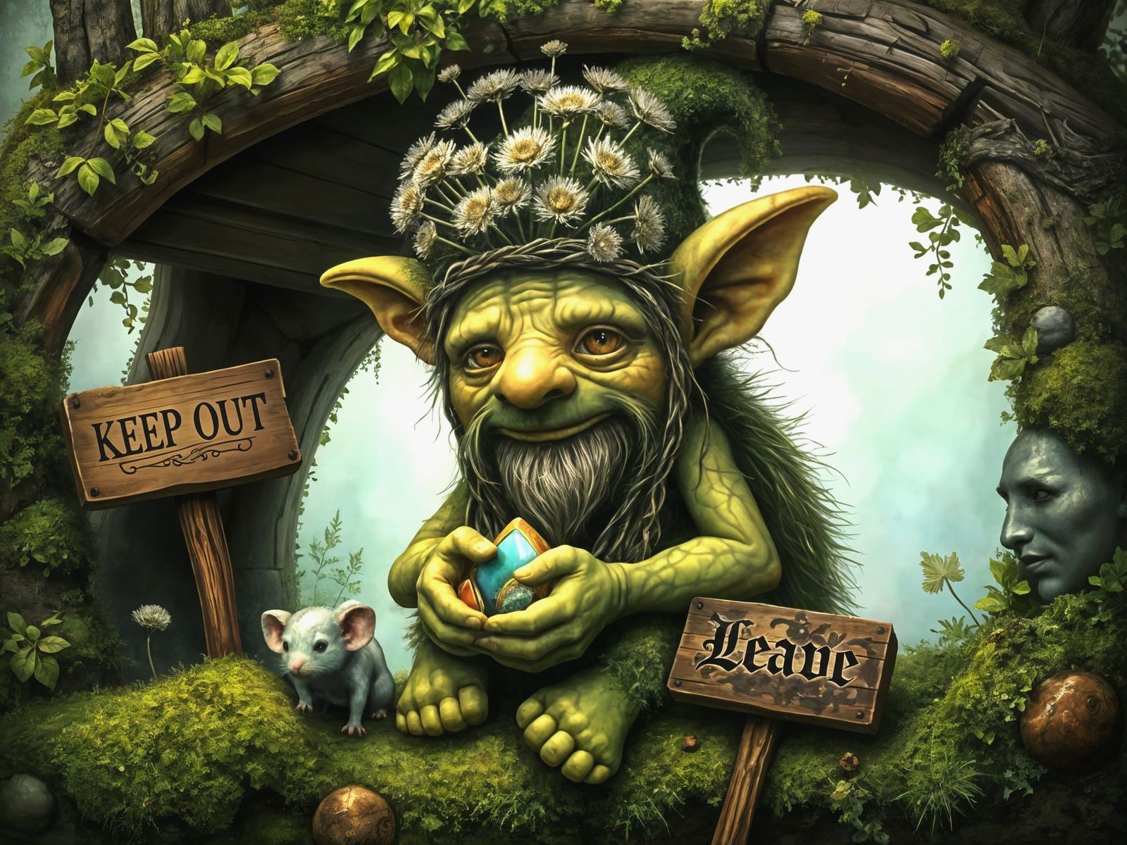"Mossy Mantle: The Whispering Troll and His Mouse"