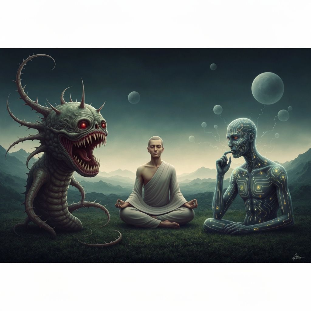 Surreal Beings in Dreamlike Landscape