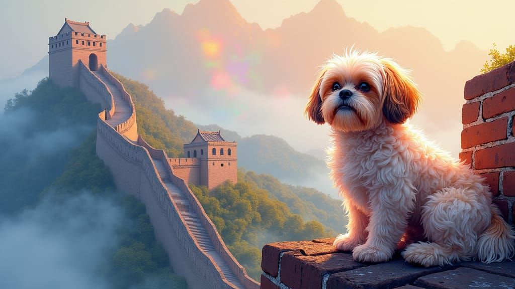 Shih Tzu on Great Wall in Ethereal Mixed Media