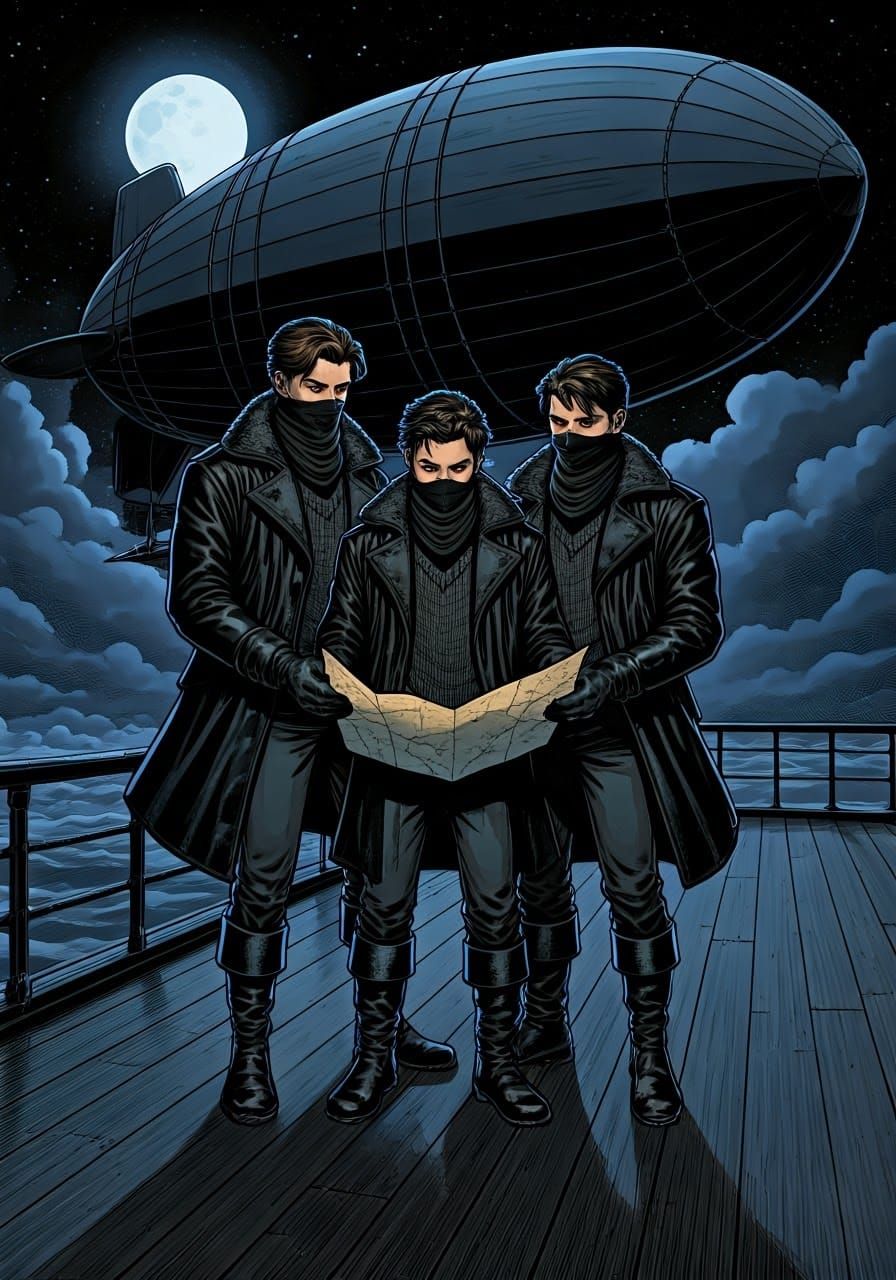 Airship Adventure: Three Men Under the Night Sky