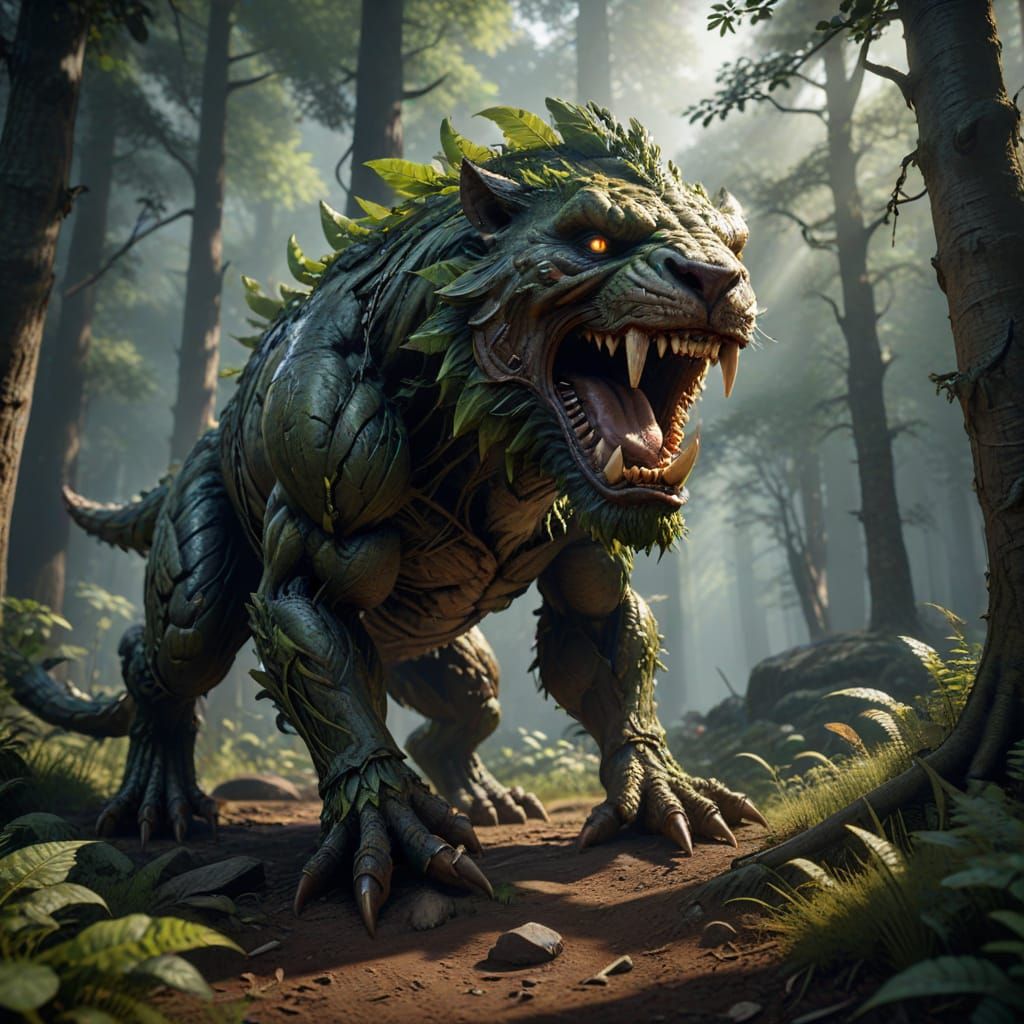 Surreal Beast Swings in Dark Forest with Ominous Joy