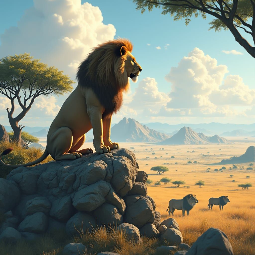 Lion Overlooking Savannah in Detailed Anime Style