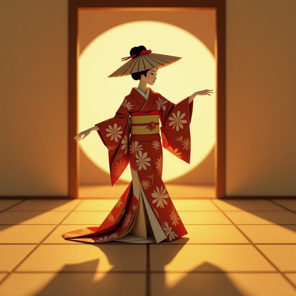 Origami-style  dancer, folded paper hat casting geometric sh...