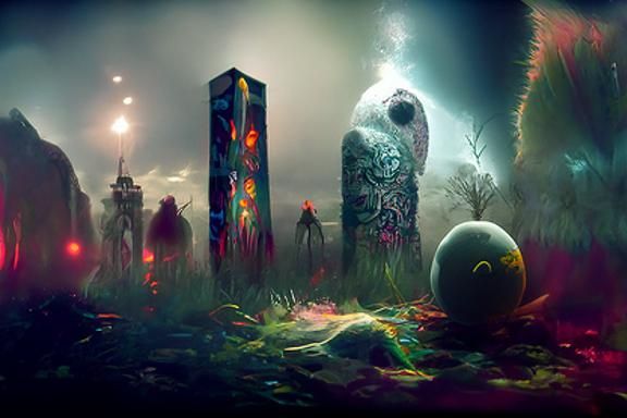 Monolith Surrounded by Spectral Figures, Digital Matte Paint...