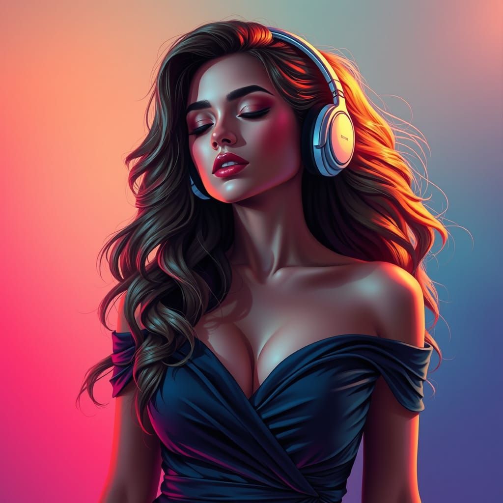 Dreamy Woman with Headphones in Hyperrealistic Style