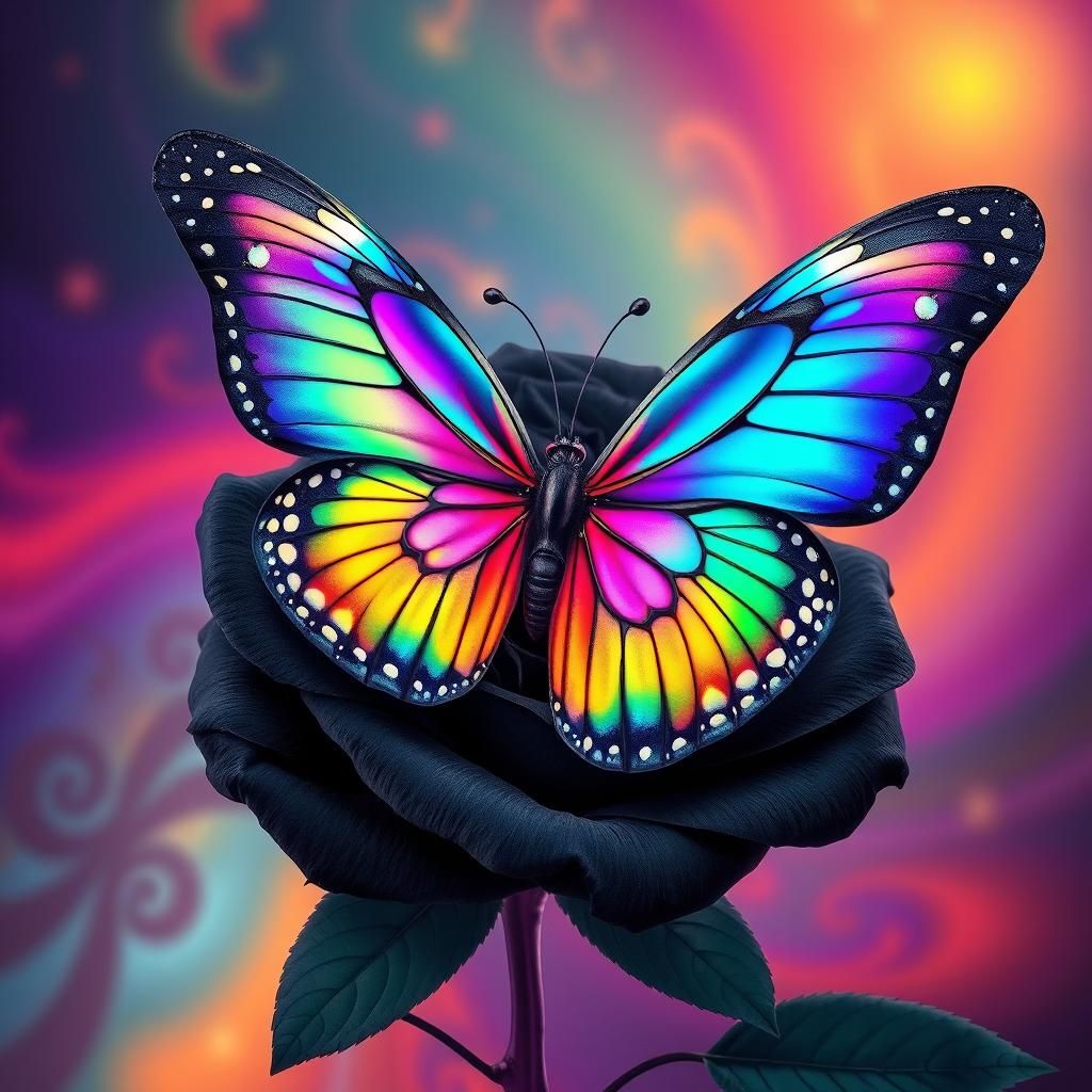 Iridescent Rainbow Butterfly on Black Rose in Fractal Style