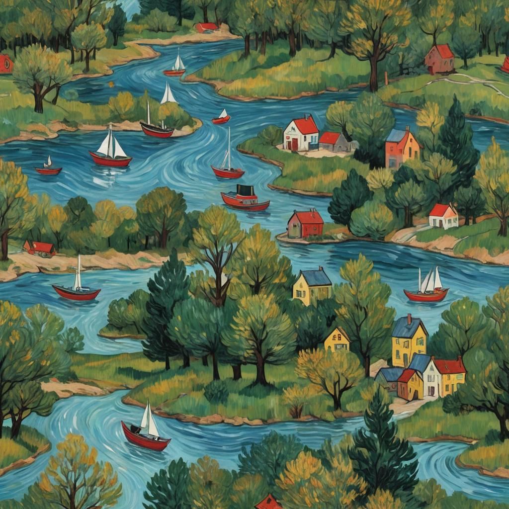 Fairytale Town River Scene in Van Gogh Style