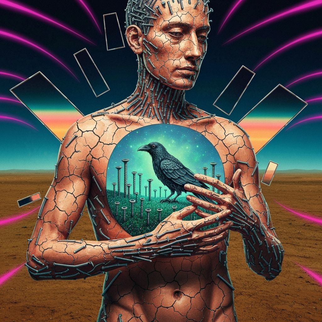 Surreal Alchemical Figure in Barren Landscape