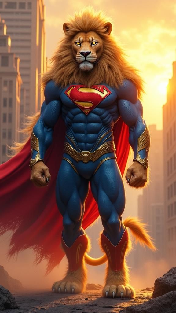 Lion-Headed Superman Hybrid in Metropolis Sunset