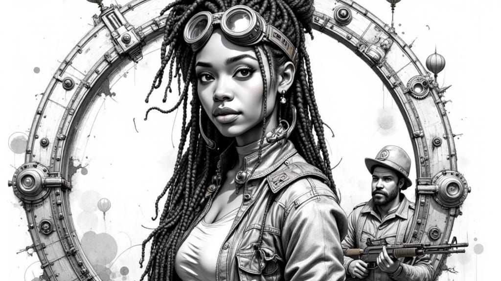 Monochrome Steampunk Woman in Ornate Frame