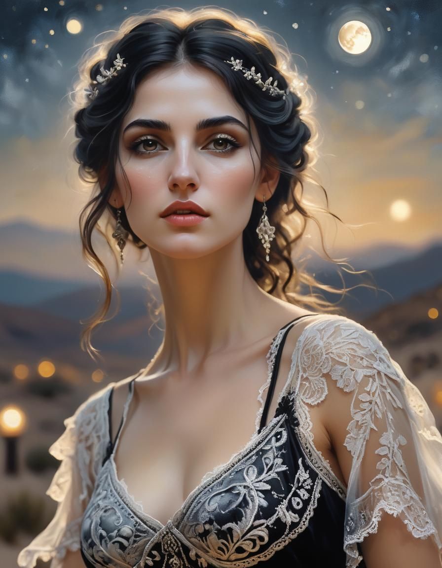 Captivating Greek Beauty Dancing in Moonlight as Gothic Oil ...