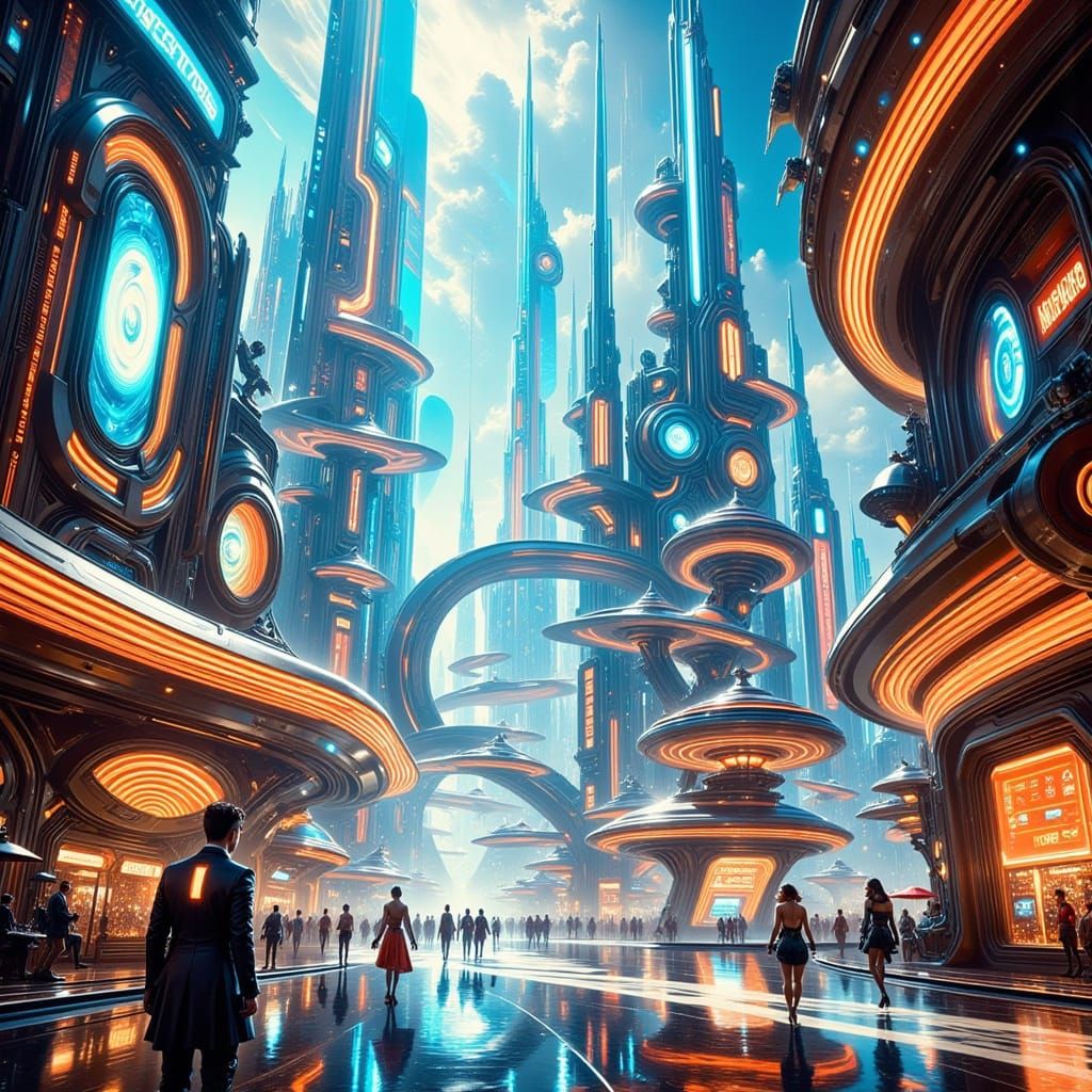Futuristic City with Time-Bending Spires and Magic Energy