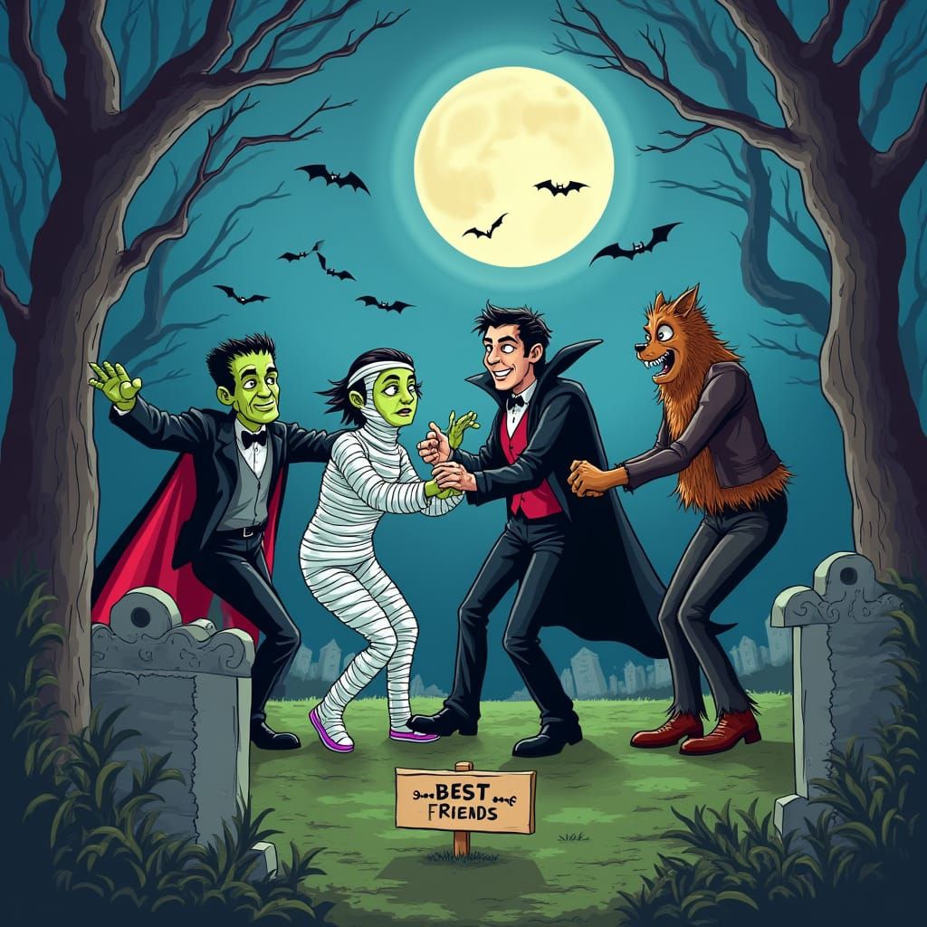 Classic Movie Monsters Dance in Spooky Cemetery
