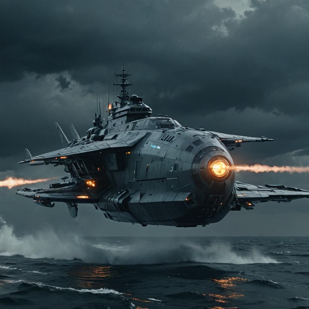 High-Tech Battleship Glides Silently: Cinematic Film Still