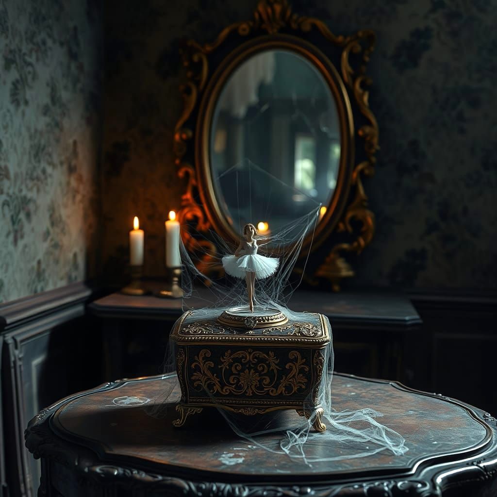 Abandoned Music Box with Cobwebs in Dark Room