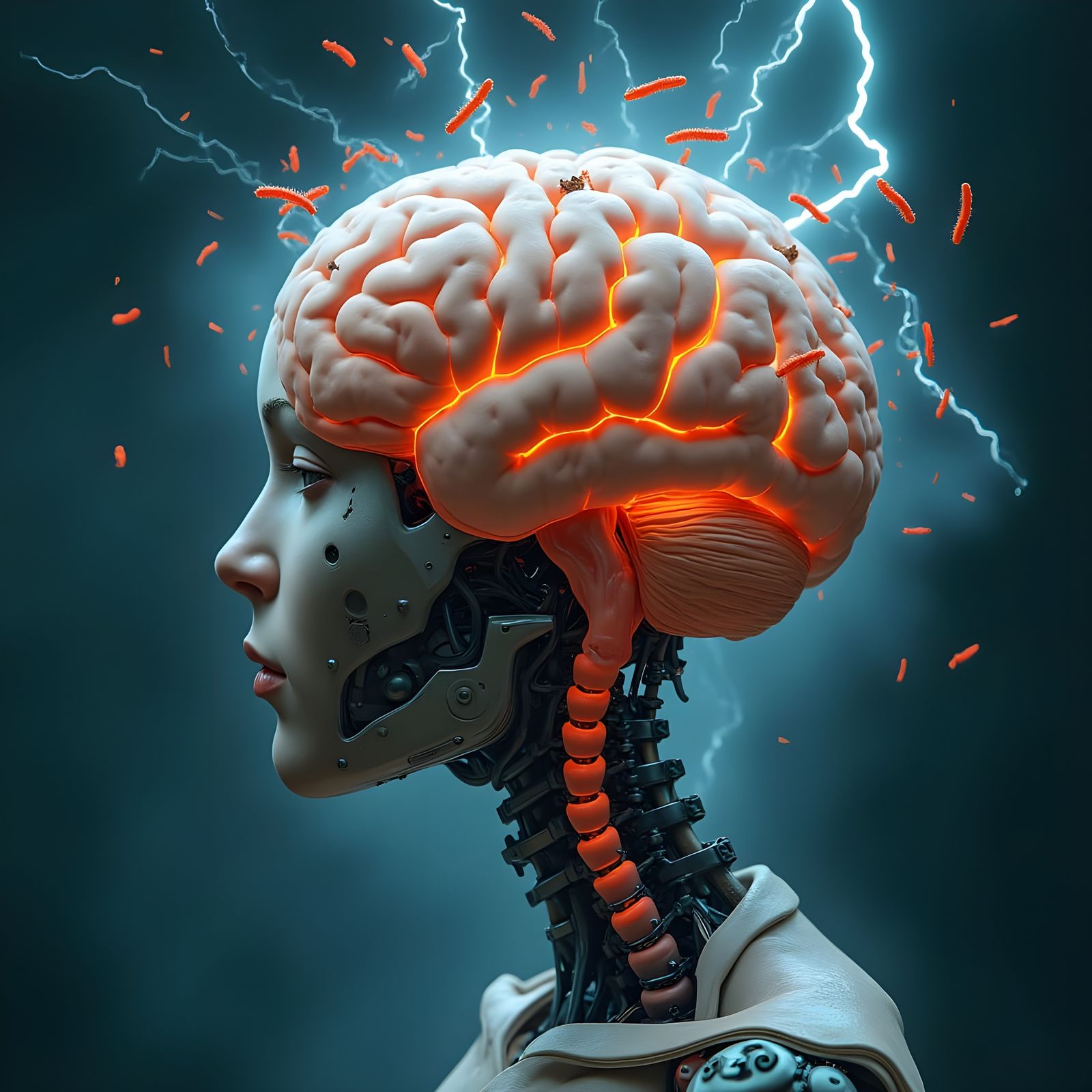 Naked Brain with Electricity, Worms, and Robotic Spine