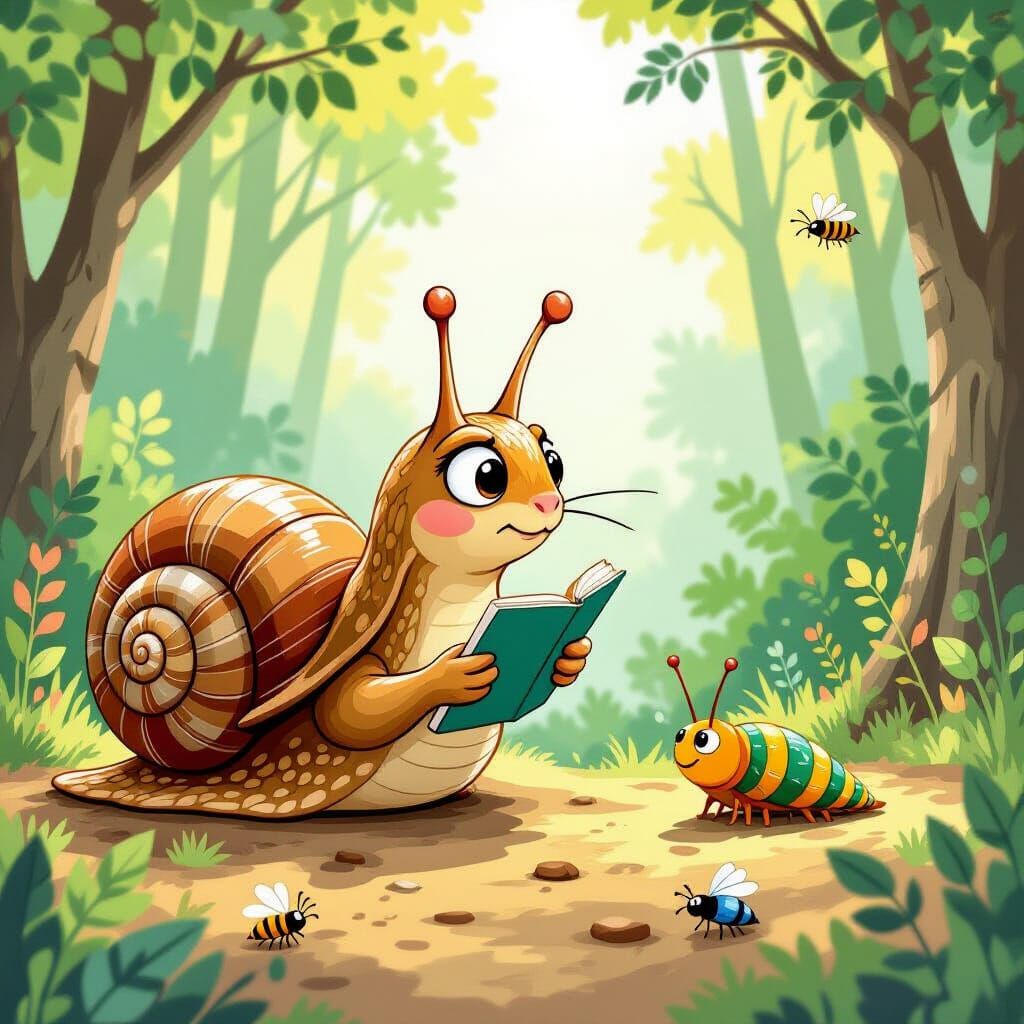 Curious Snail Observes Caterpillar in Whimsical Forest