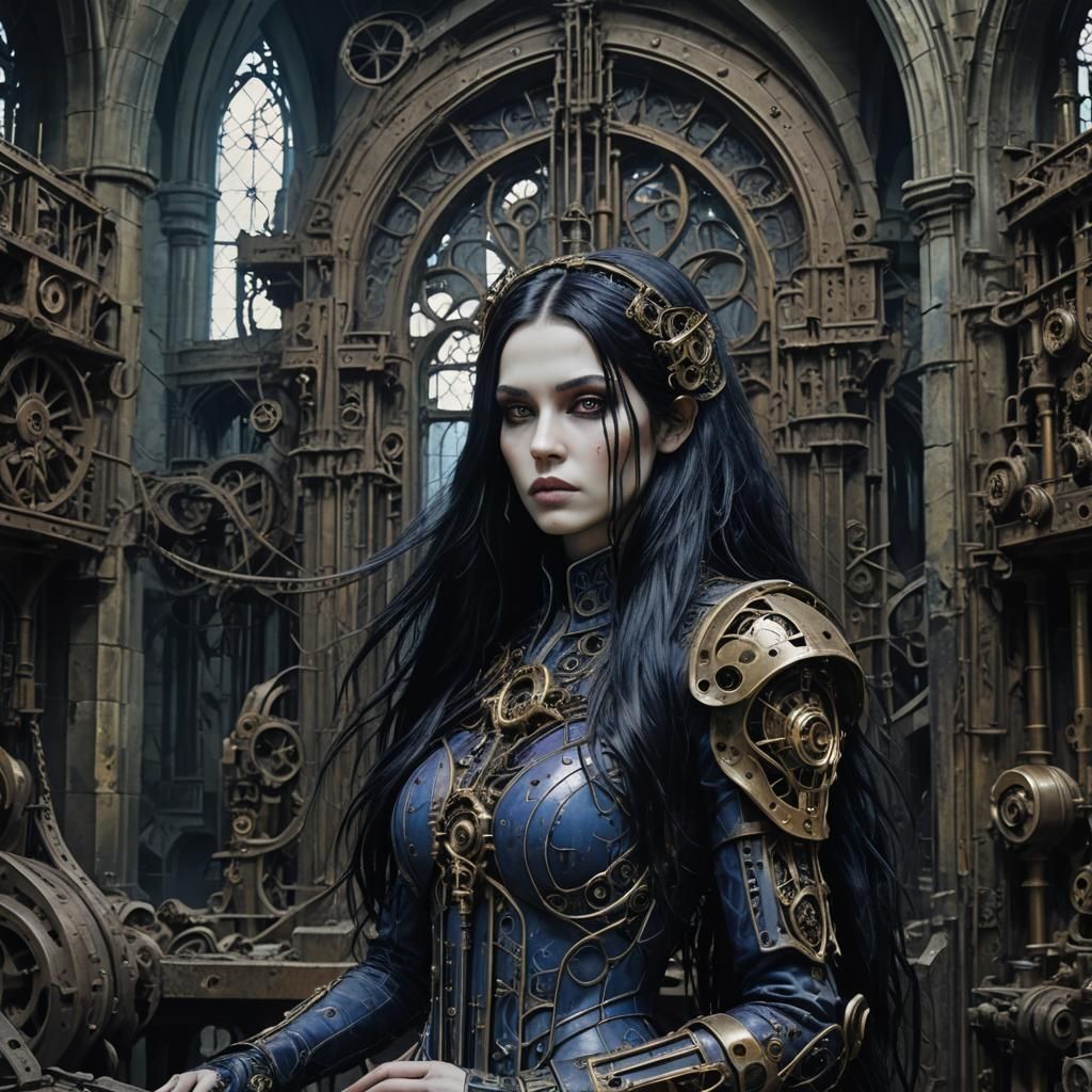 Biomechanical Gothic Girl in Abandoned Cathedral