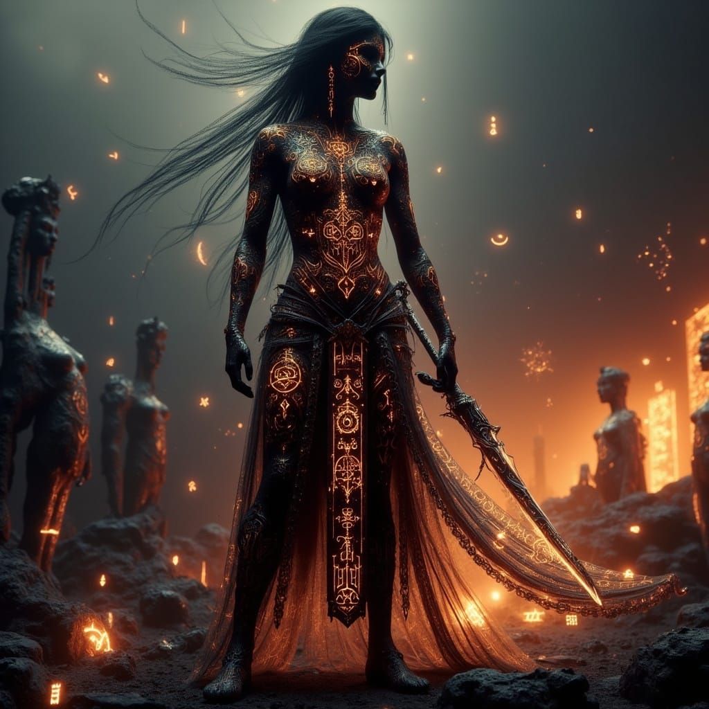 Cyberpunk Arabian Warrior Princess in Futuristic Terracotta....