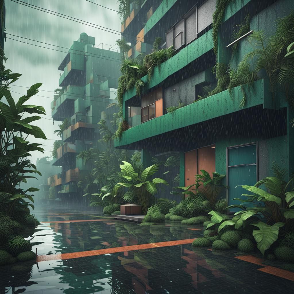 Retro Seascape: Rainy Urban Jungle in Geometric Style