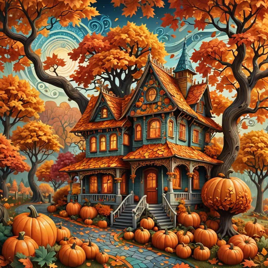 Magical Autumn House with Zentangle Patterns