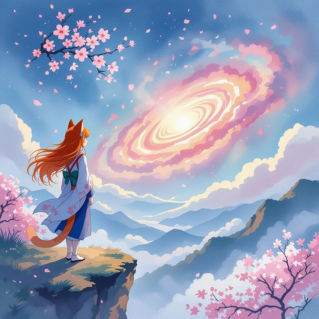 Auburn Haired Lady Overlooks Nebula in Watercolor Style