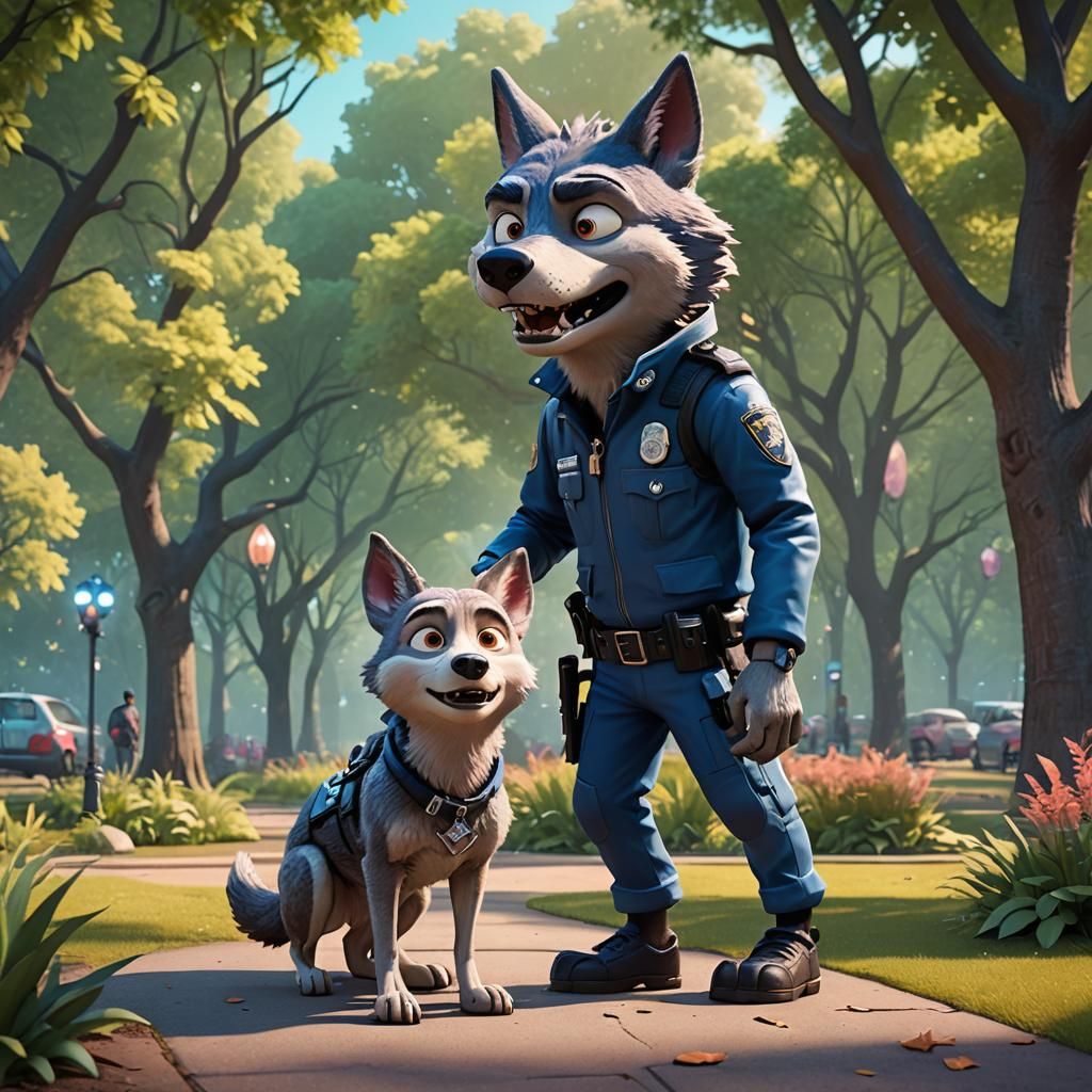 Alien Police Arrest Wolf in Park: Pixar Style