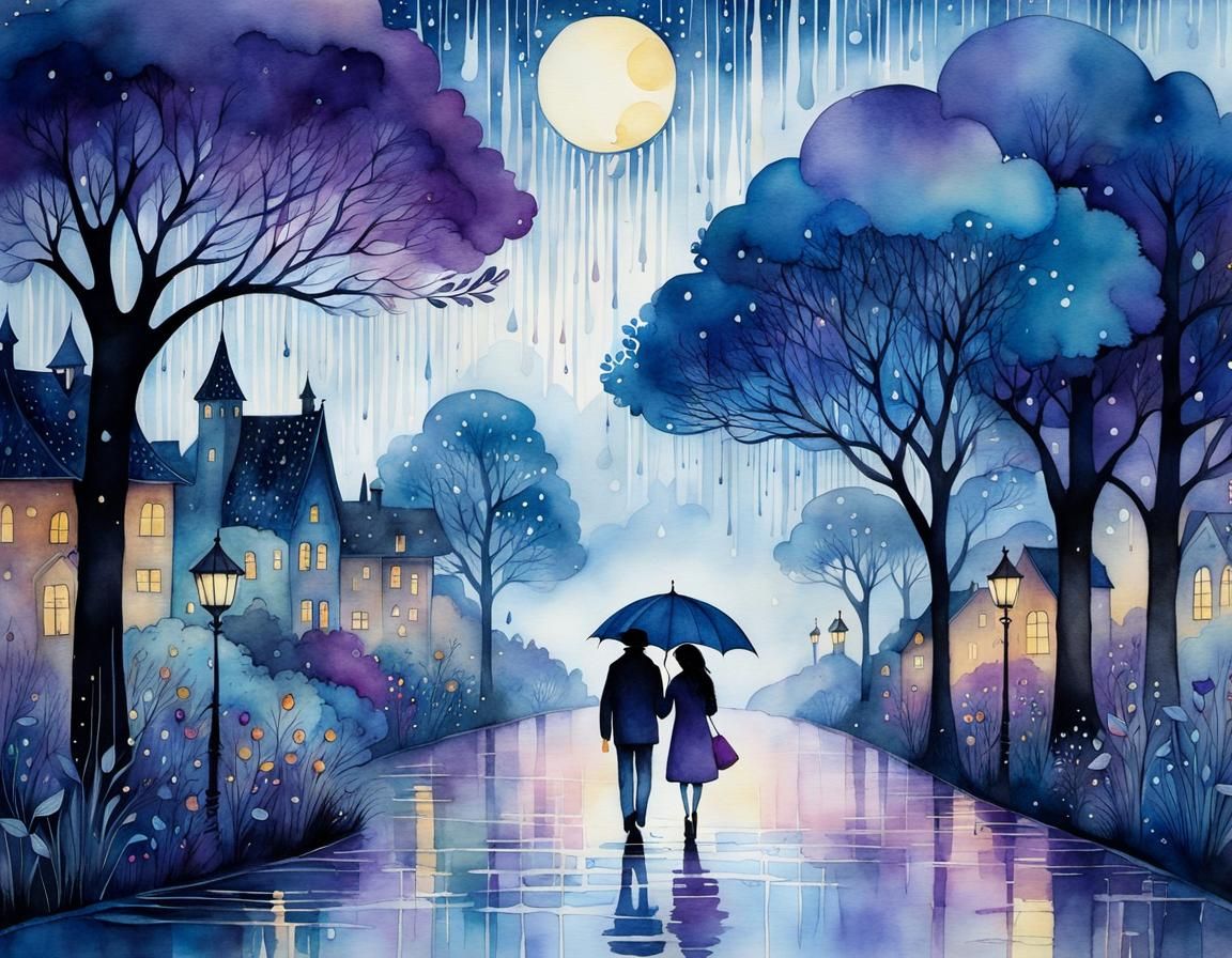 Whimsical Twilight Rain Scene in Ink and Watercolor