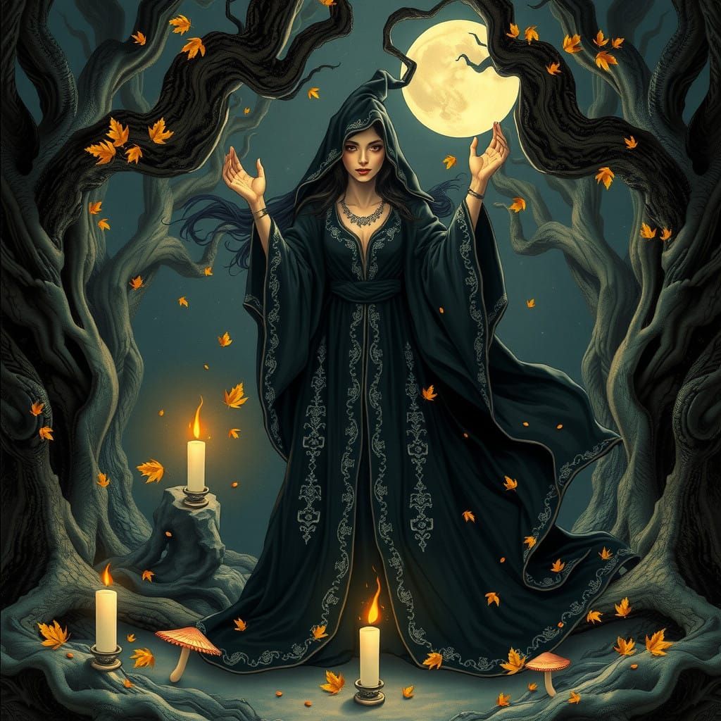 Mystical Witch Enchants Autumn Night in Cezanne-Inspired Ink...