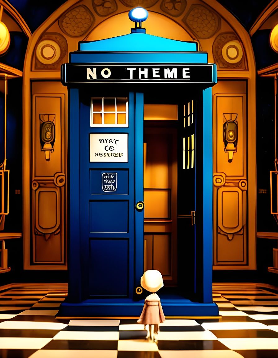 Blue Tardis with a sign on it that says "No Theme” for Thursday 6/29/2023 DAILY CHALLENGE #259
