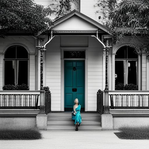 Monochrome House with Woman in Turquoise Dress