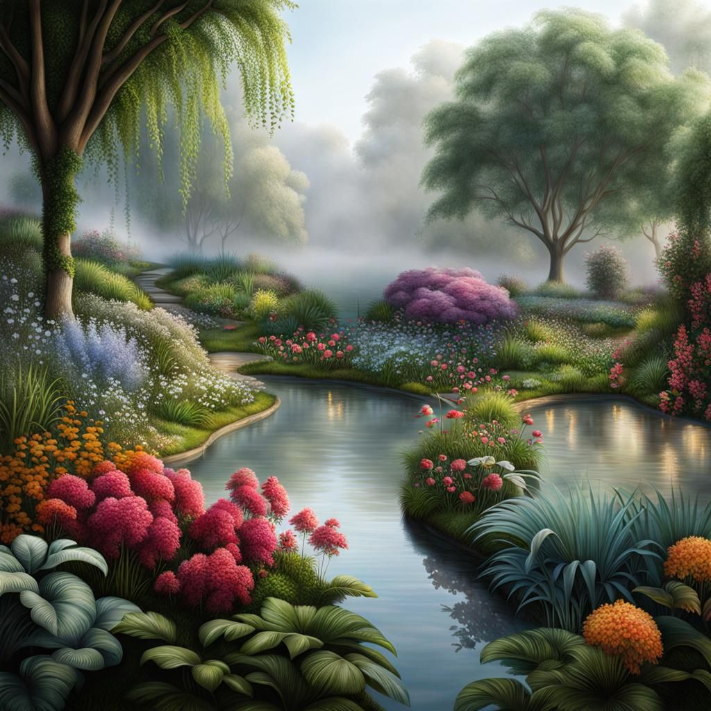Hyperrealistic Garden of Eden Paradise with Fog