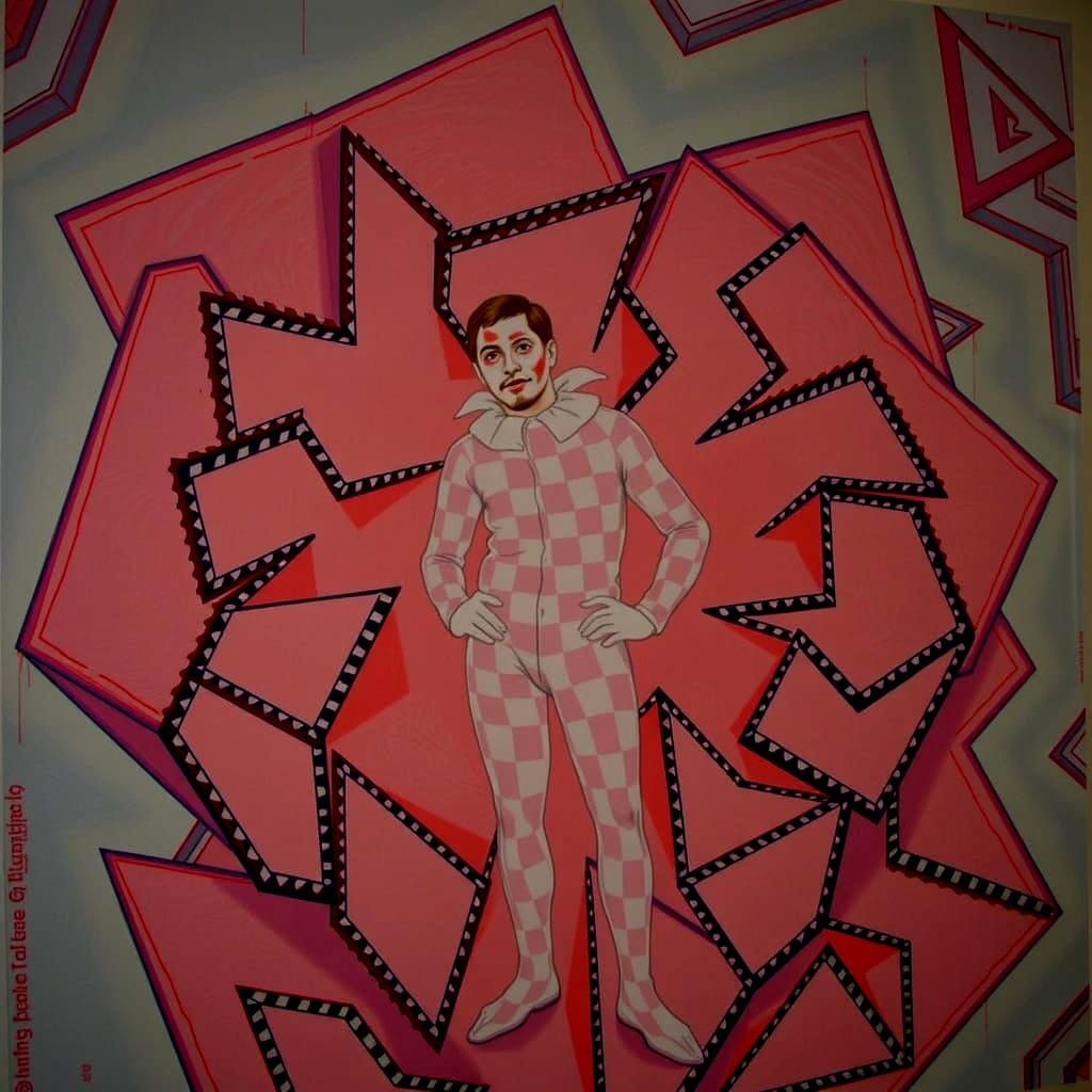 Harlequin Figure in Hypnotic Geometric Maze
