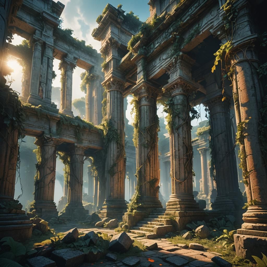 Mystical Roman Ruins in Overgrown Forest