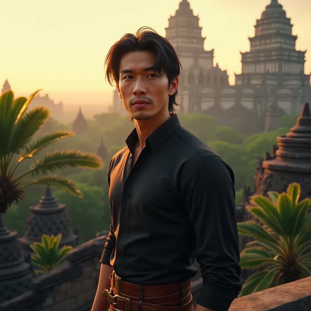 Chiseled Asian Man in Dawn Light Beside Ancient Temple