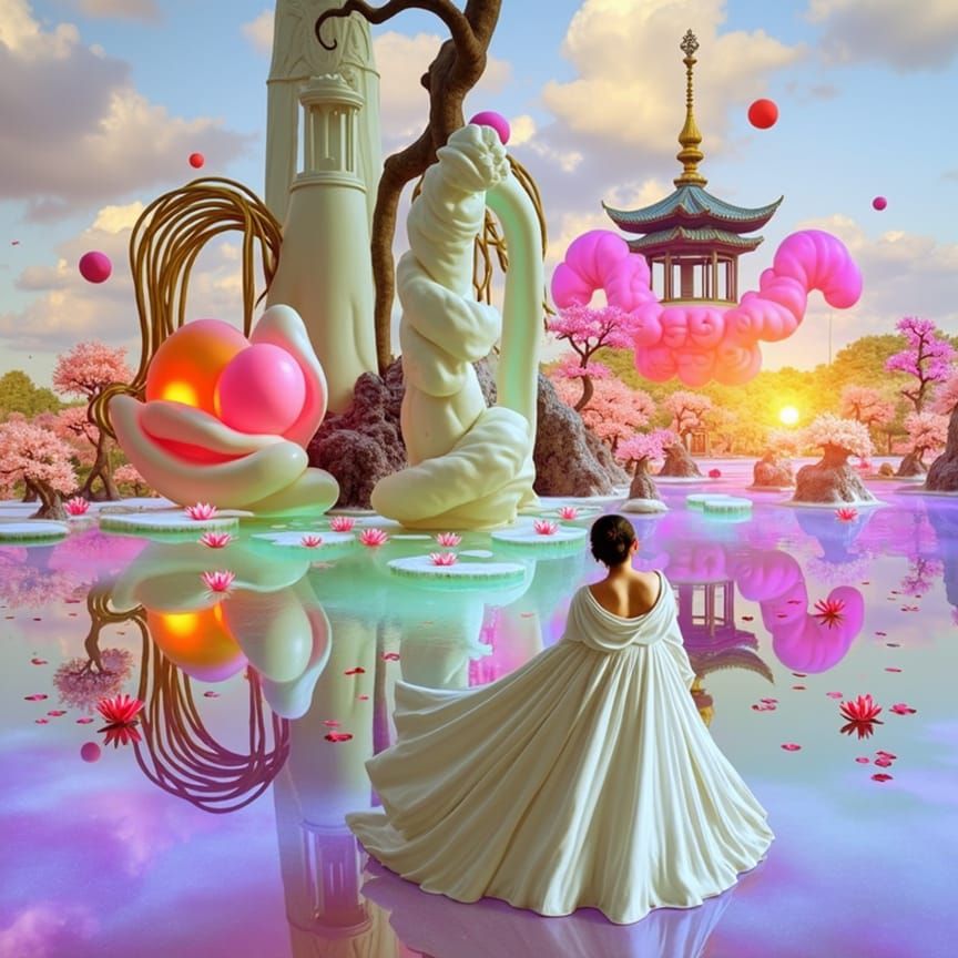 Serene Figure at Lotus Pond Art Installation