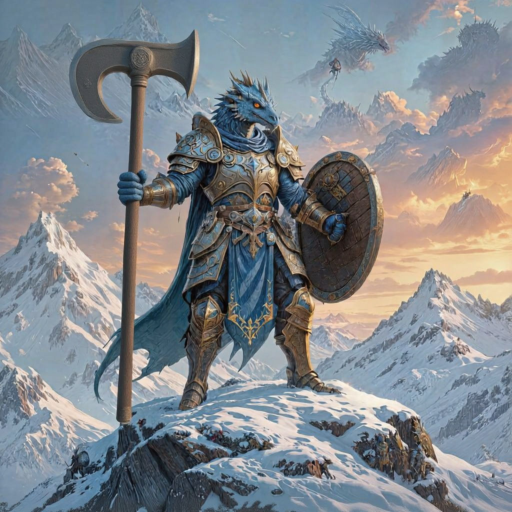 Dragonborn Paladin on Snowy Peak, Fantasy Art