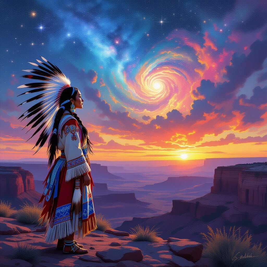 Contemplative Native American Woman at Sunset