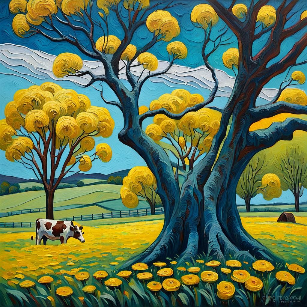 Neo-Impressionist Tree with Yellow Flowers in Pasture