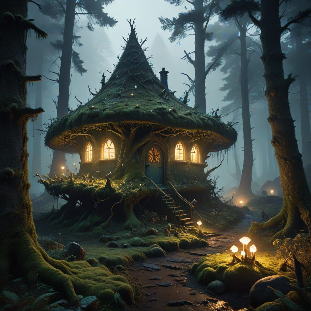 Mystical Forest Landscape with Whimsical Architecture and Gl...