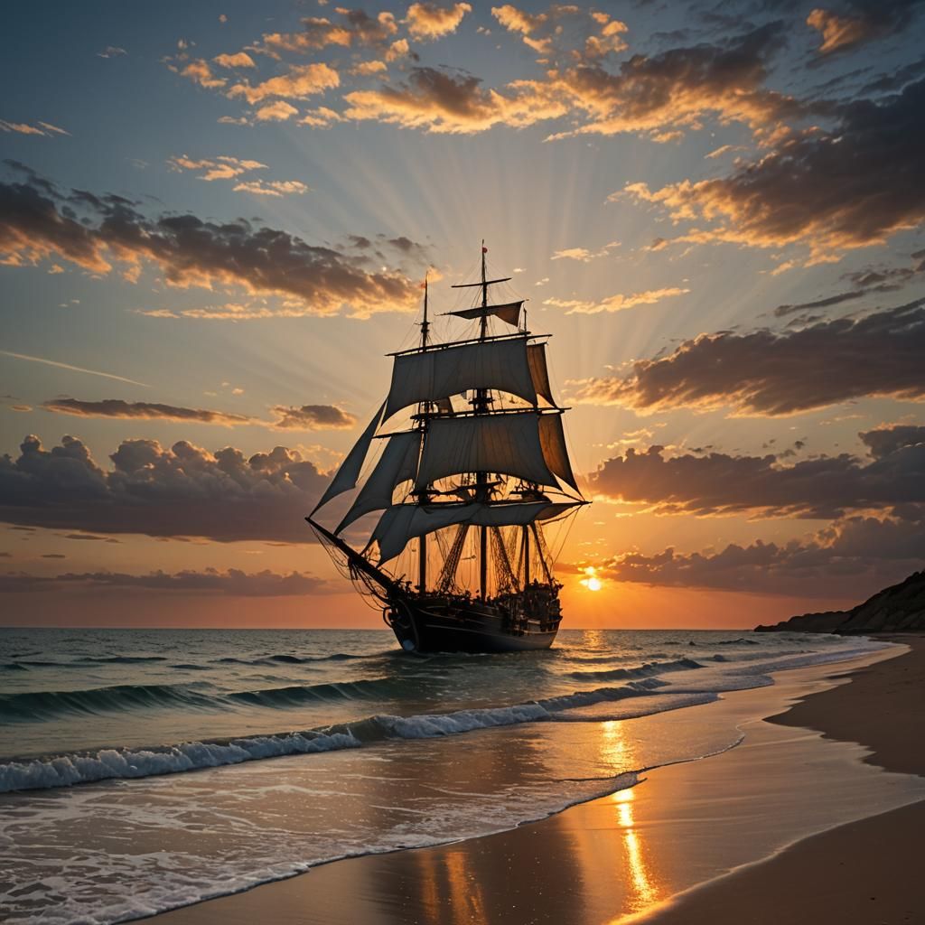 Sailing Ship at Sunset with Mermaid