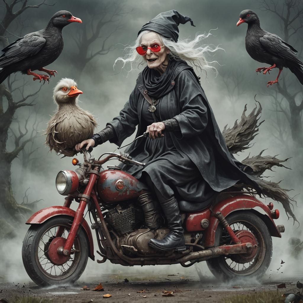 Ethereal Fantasy: Witch Rides Ghost Motorbike