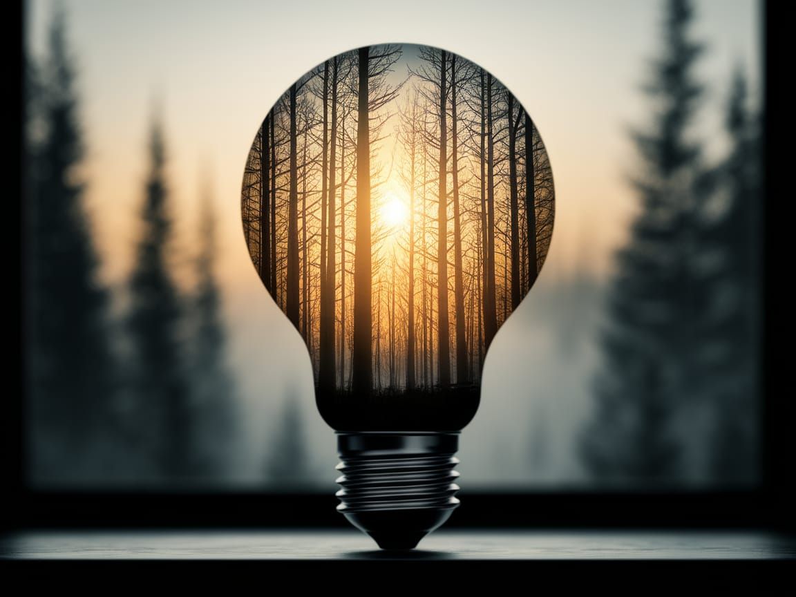 Surreal Lightbulb Portrait with Forest Silhouettes