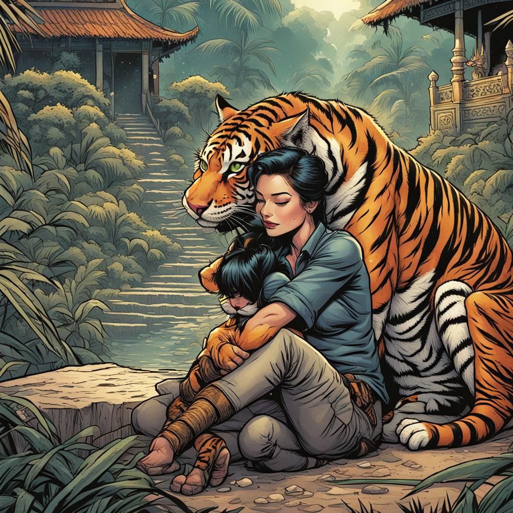 Cat Woman Cuddling Tiger in Comic Book Style