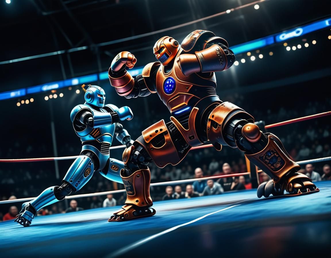 Robot Wrestlers Battle in Arena: Sports Photography