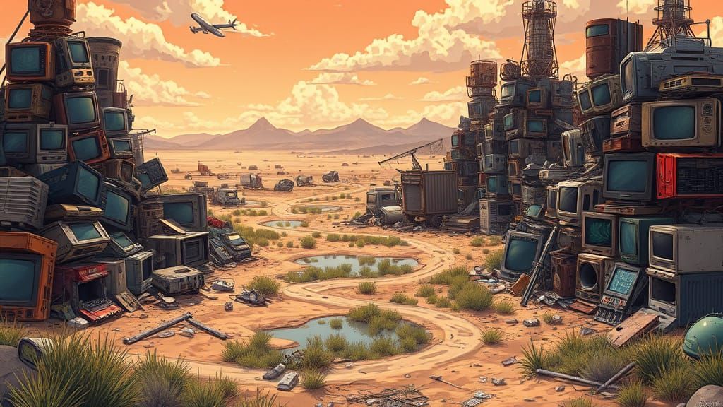 Post-Apocalyptic Scrapyard Landscape in Vibrant Anime Style